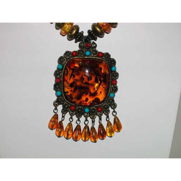 Vintage Amber Beaded Necklace With Ornate Pendant & Dangle Drops - Picture 5 of 7